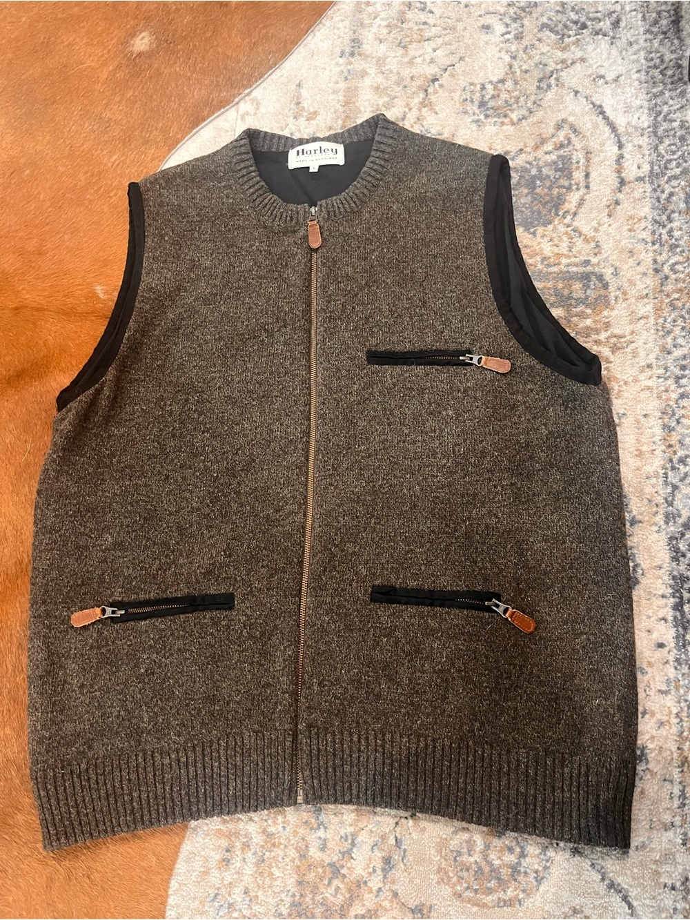 Harley of Scotland Brown Wool Old Money Sweater Vest Men Large Sleeveless Zip Up